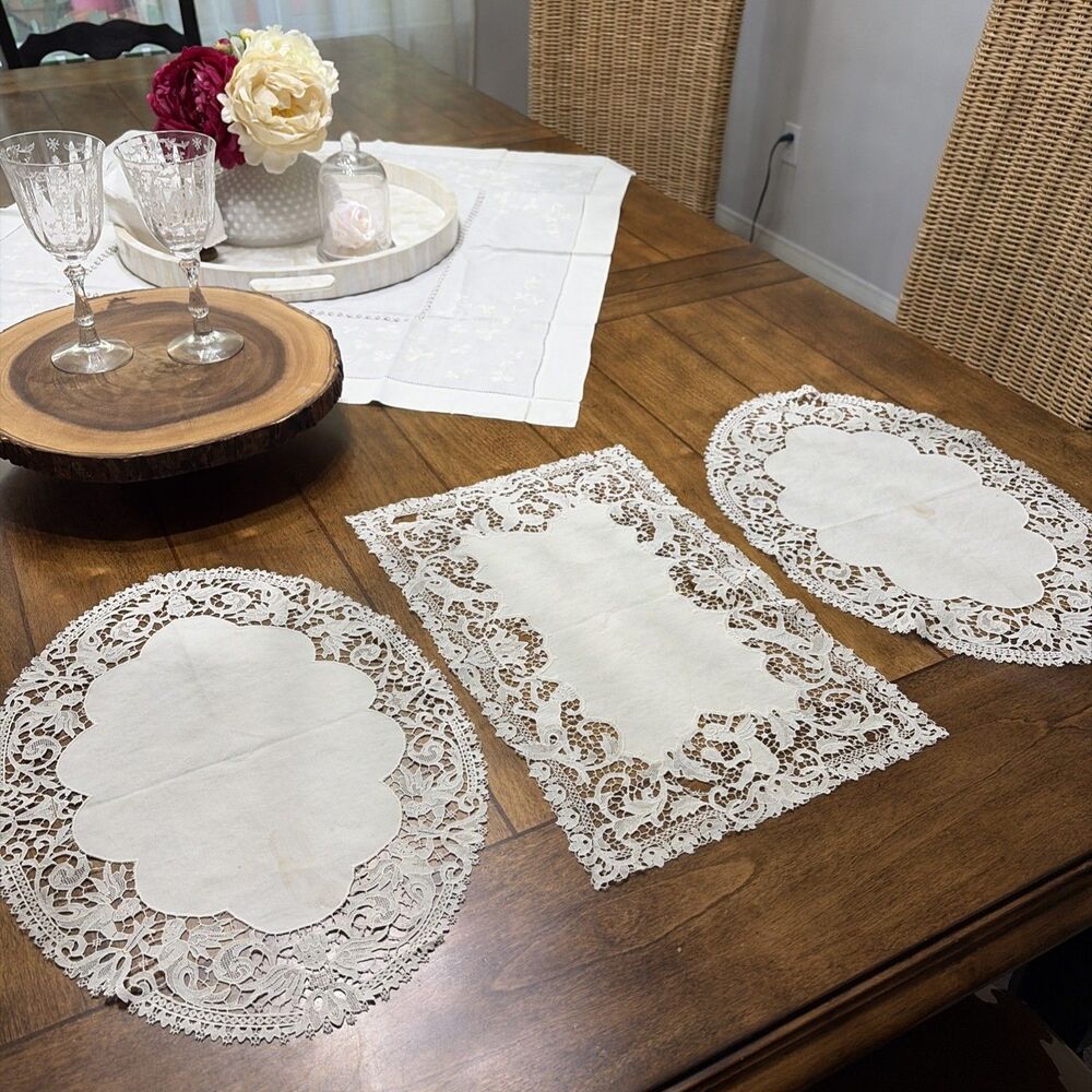 Vintage Cutter Doilies Figural Lace Border Cherubs Handmade. Set Of 3